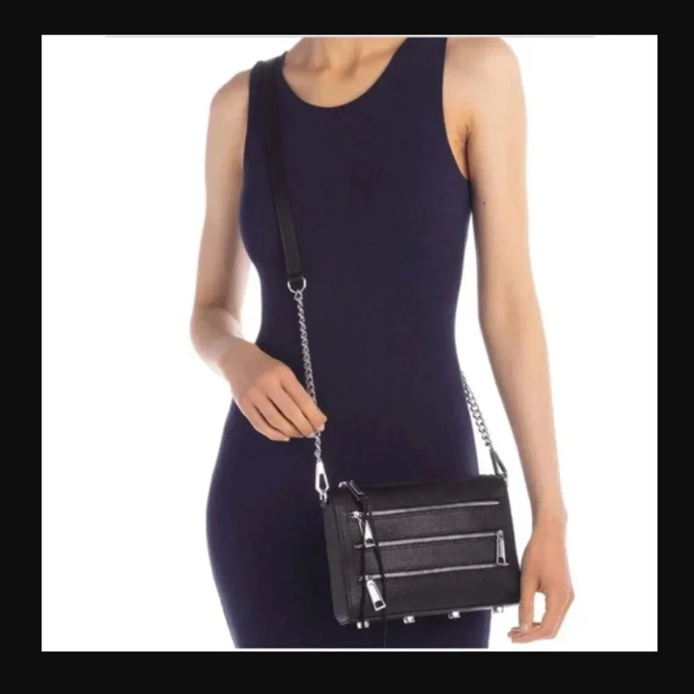 Rebecca Minkoff Mini 5 Zip Leather Crossbody Metal Chain Black Edgy Punk NEW - Picture 13 of 13
